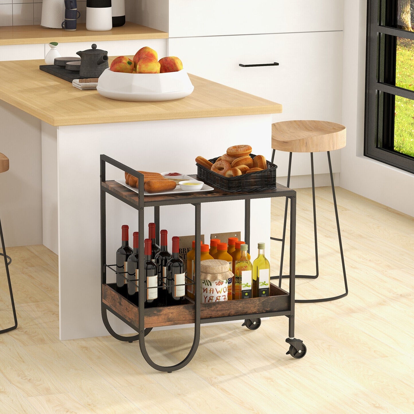 Rolling Buffet Serving Cart with Removable Metal Wire Wine Rack, Brown Kitchen Islands & Carts at Gallery Canada