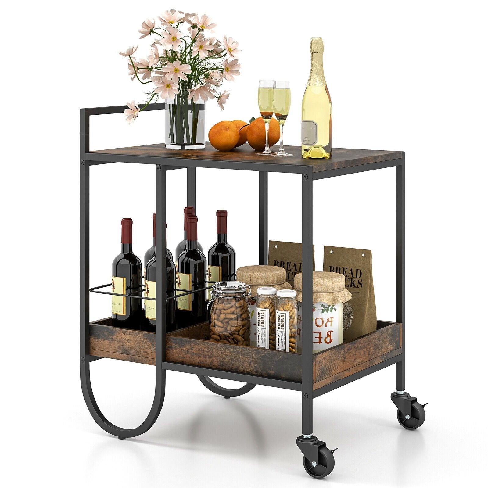 Rolling Buffet Serving Cart with Removable Metal Wire Wine Rack, Brown at Gallery Canada