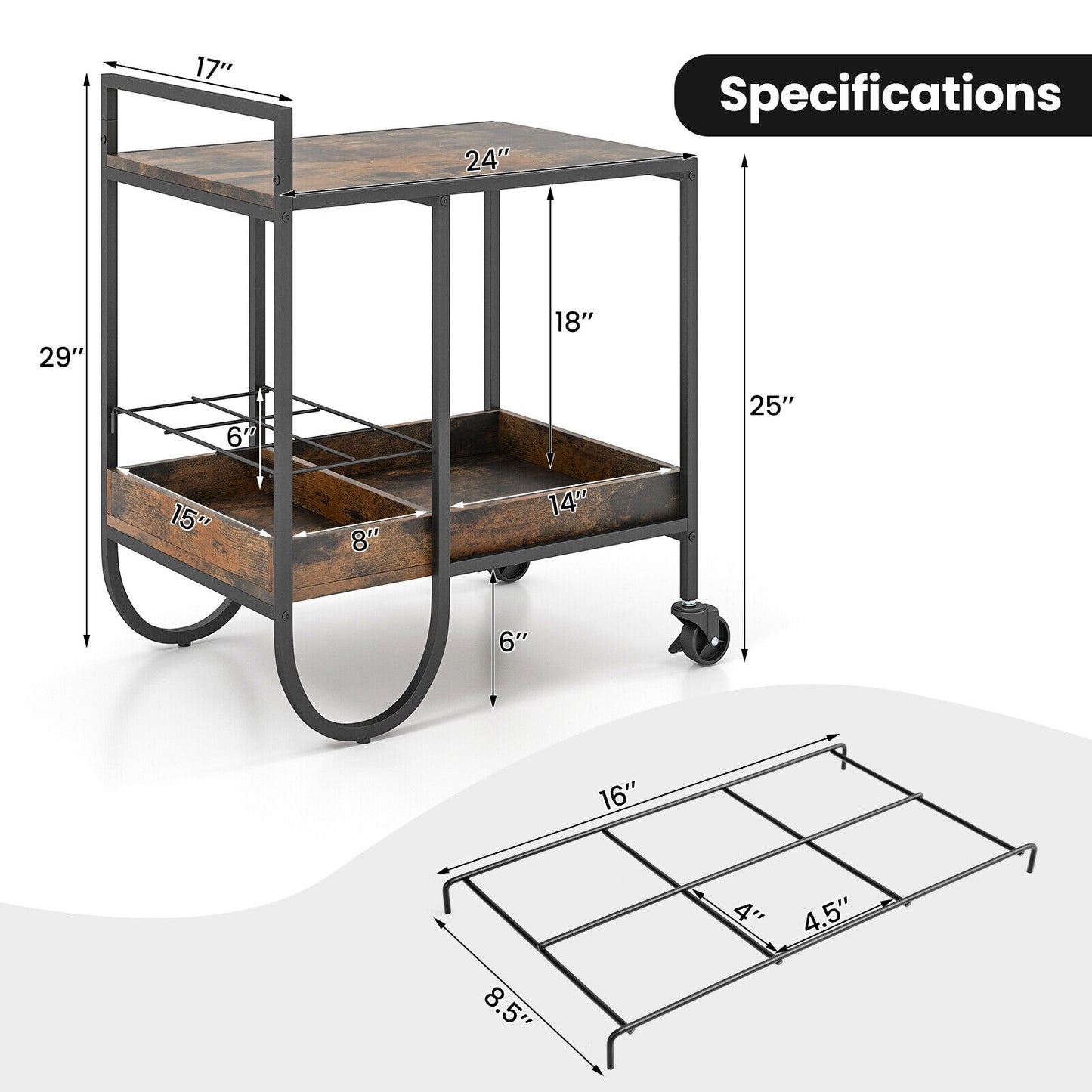 Rolling Buffet Serving Cart with Removable Metal Wire Wine Rack, Brown Kitchen Islands & Carts at Gallery Canada