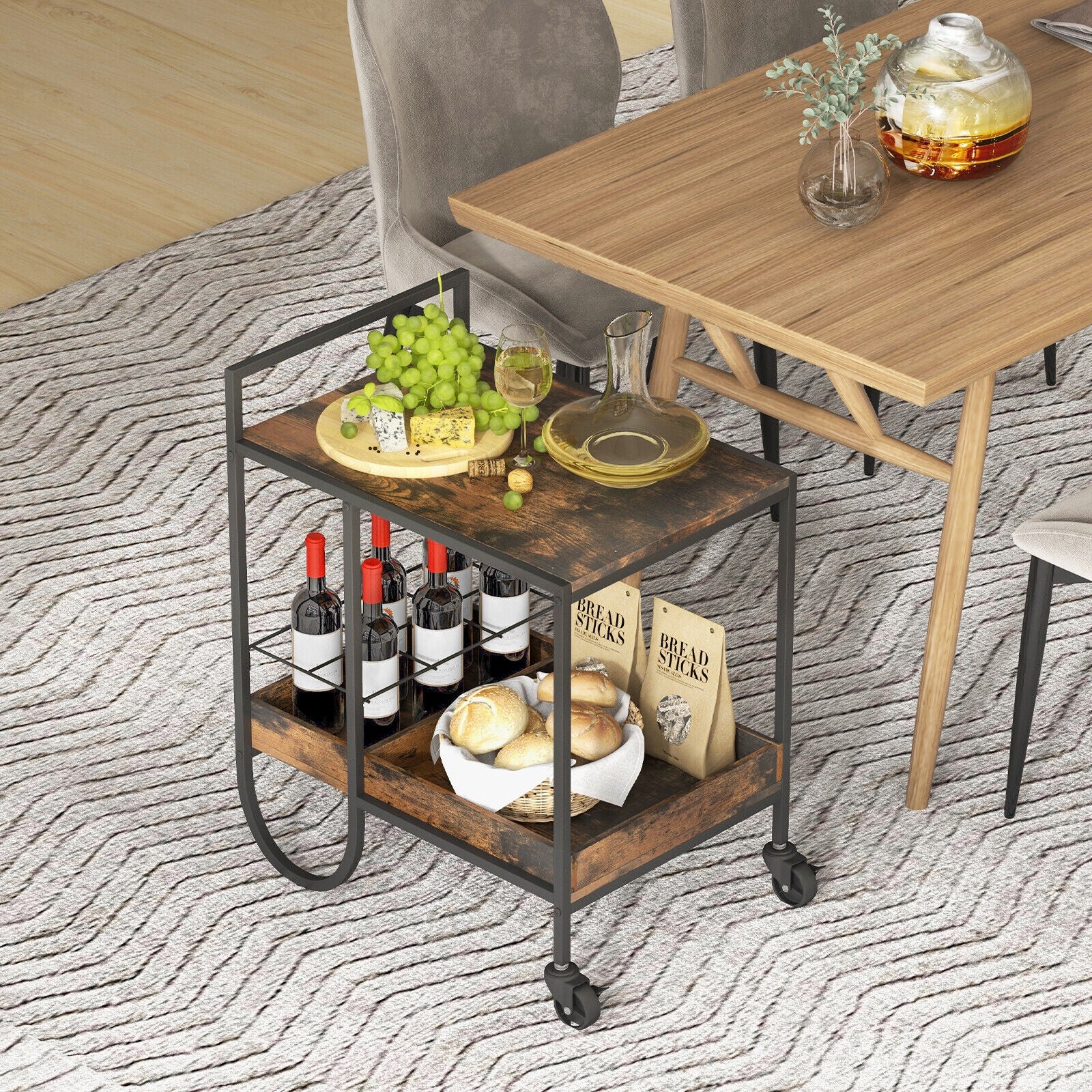 Rolling Buffet Serving Cart with Removable Metal Wire Wine Rack, Brown Kitchen Islands & Carts at Gallery Canada