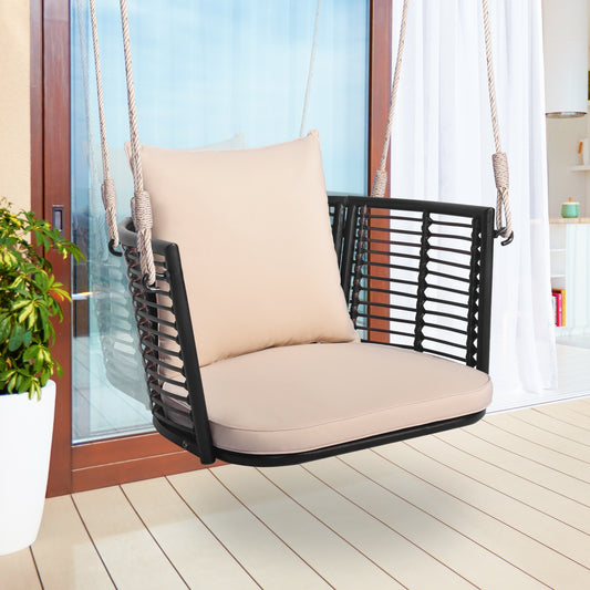 Single Person Hanging Seat with Woven Rattan Backrest for Backyard, Beige Patio Rocking Chairs & Gliders Beige at Gallery Canada