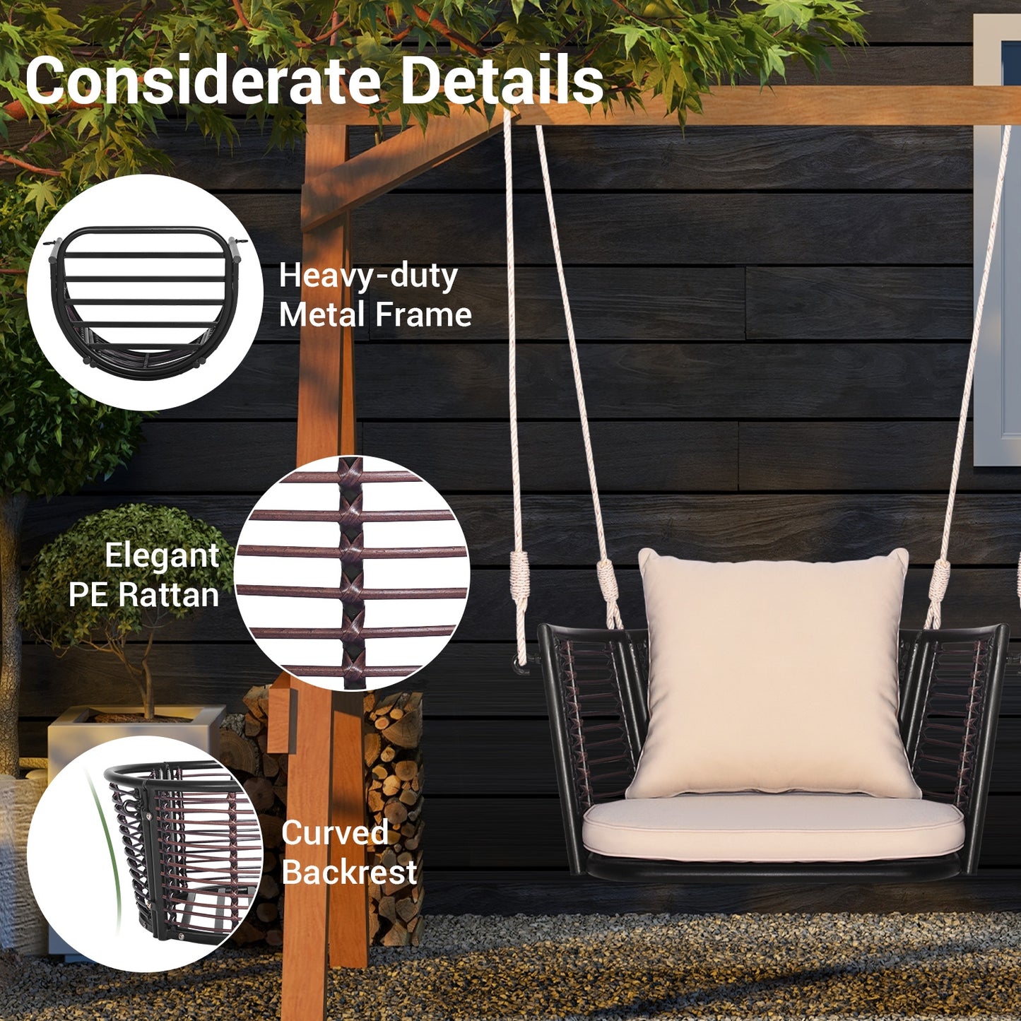 Single Person Hanging Seat with Woven Rattan Backrest for Backyard, Beige Patio Rocking Chairs & Gliders at Gallery Canada