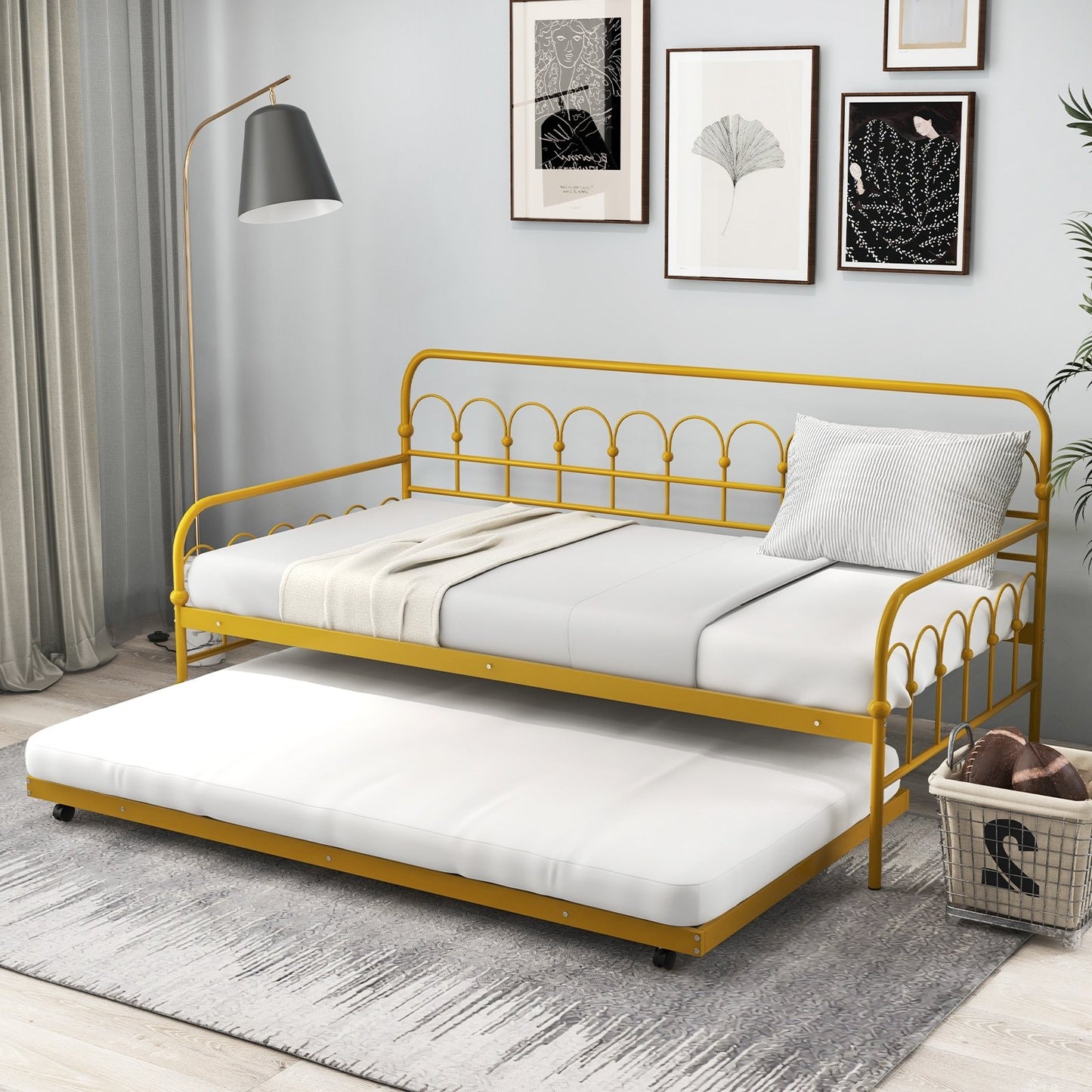 Twin Size Golden Metal Daybed with Trundle and Lockable Wheels-Twin Size, Golden
