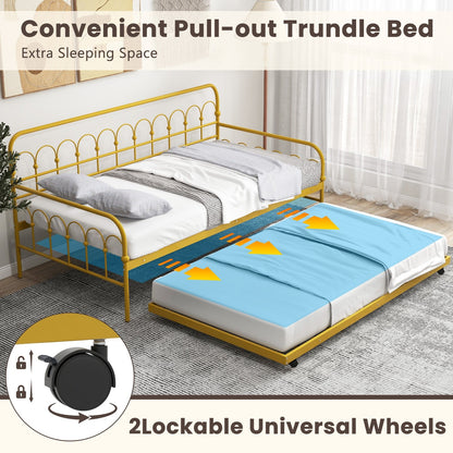 Twin Size Golden Metal Daybed with Trundle and Lockable Wheels-Twin Size, Golden