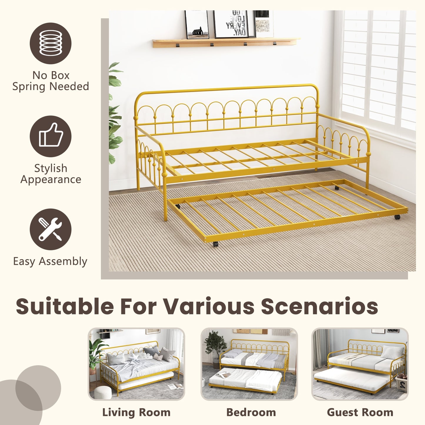 Twin Size Golden Metal Daybed with Trundle and Lockable Wheels-Twin Size, Golden Trundle Bed Frame at Gallery Canada