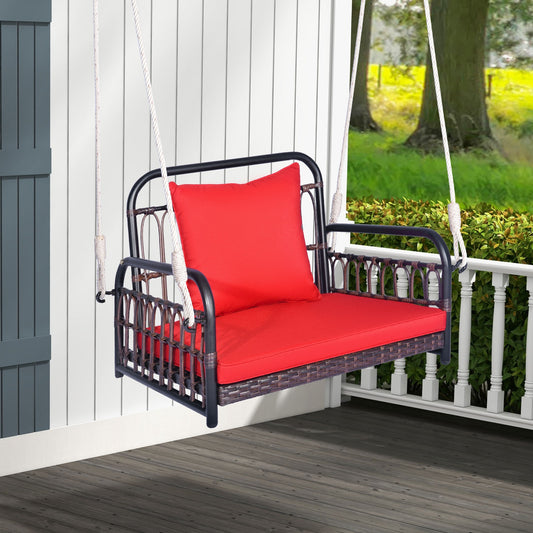 Patio Rattan Porch Swing Hammock Chair With Seat Cushion, Red