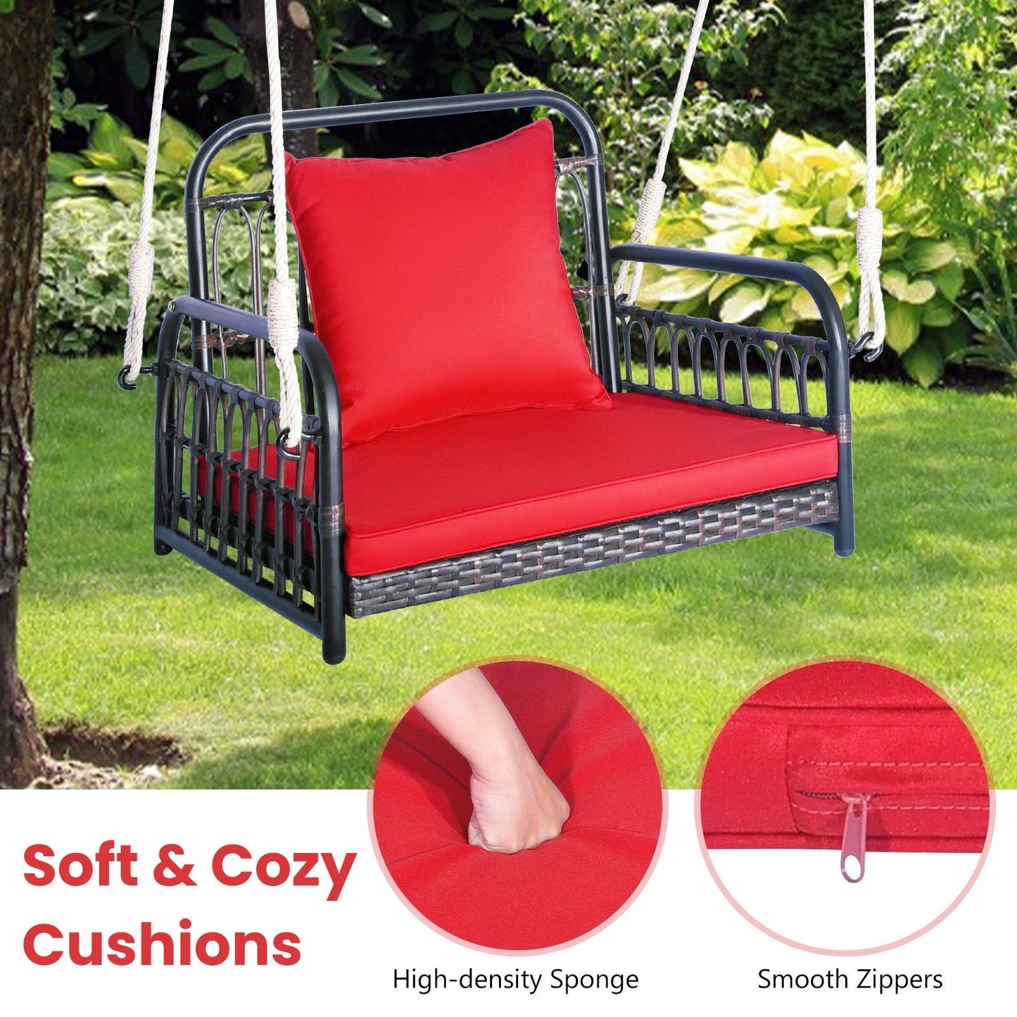 Patio Rattan Porch Swing Hammock Chair with Seat Cushion, Red