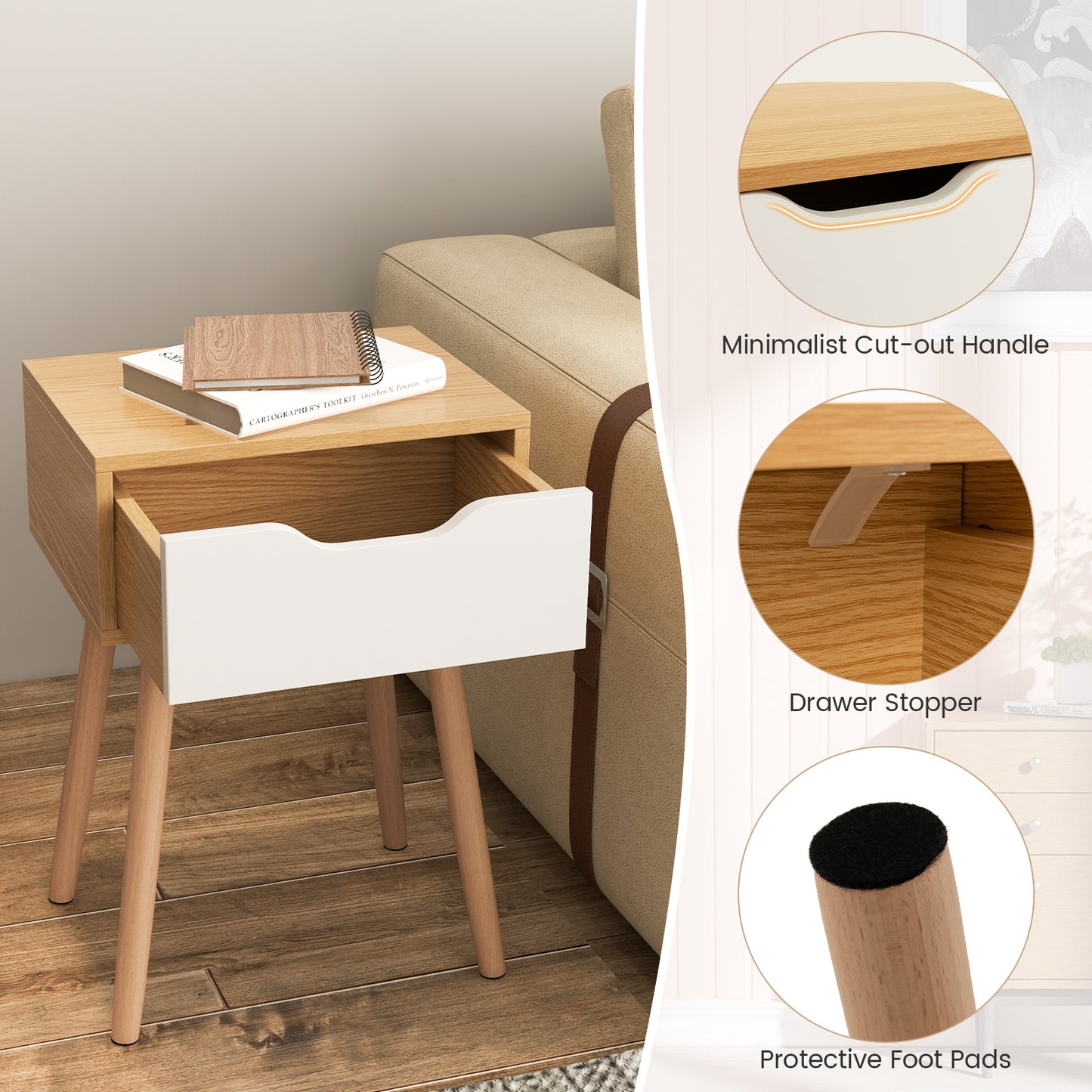 Modern Nightstand With Storage Drawer, 2 Pieces, Natural Nightstands at Gallery Canada