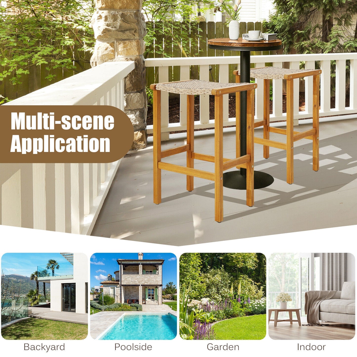 Patio Wood Bar Stools Set of 2/4-2Pieces, Natural Patio Bar Furniture at Gallery Canada