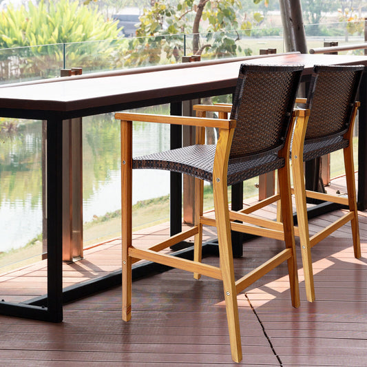 Set Of 2 PE Wicker Patio Bar Chairs, Acacia Wood Armrests, Brown Patio Bar Furniture Brown at Gallery Canada