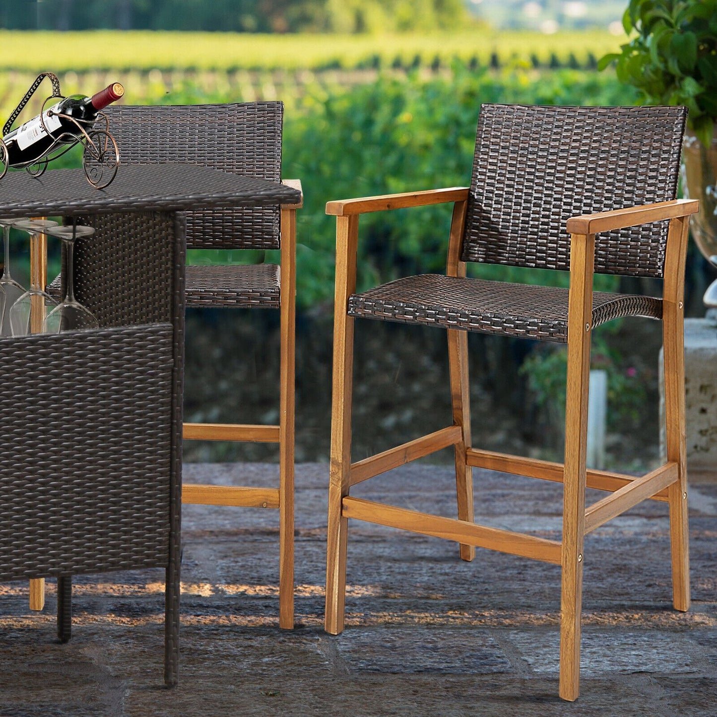 Set of 2 PE Wicker Patio Bar Chairs with Acacia Wood Armrests-Set of 2, Brown at Gallery Canada