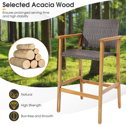 Set of 2 PE Wicker Patio Bar Chairs with Acacia Wood Armrests-Set of 2, Brown at Gallery Canada