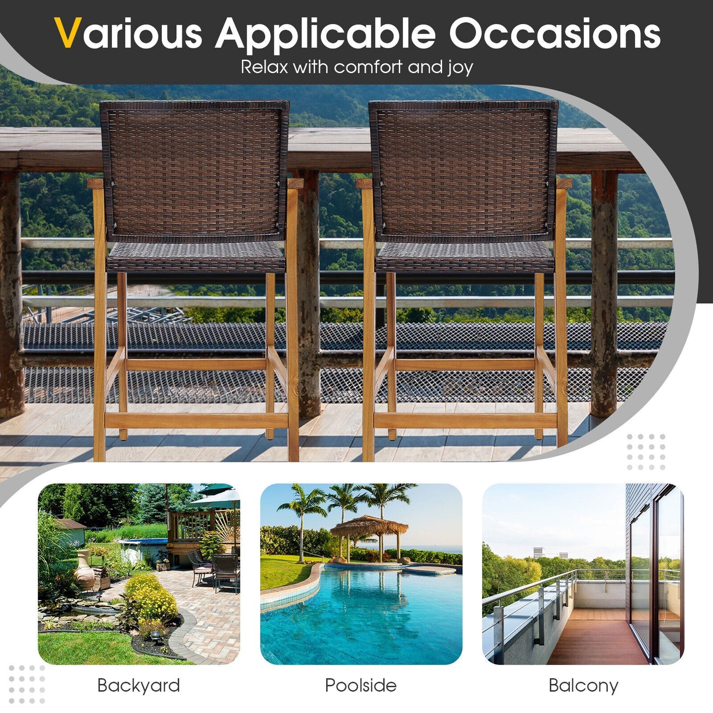 Set Of 2 PE Wicker Patio Bar Chairs, Acacia Wood Armrests, Brown Patio Bar Furniture at Gallery Canada