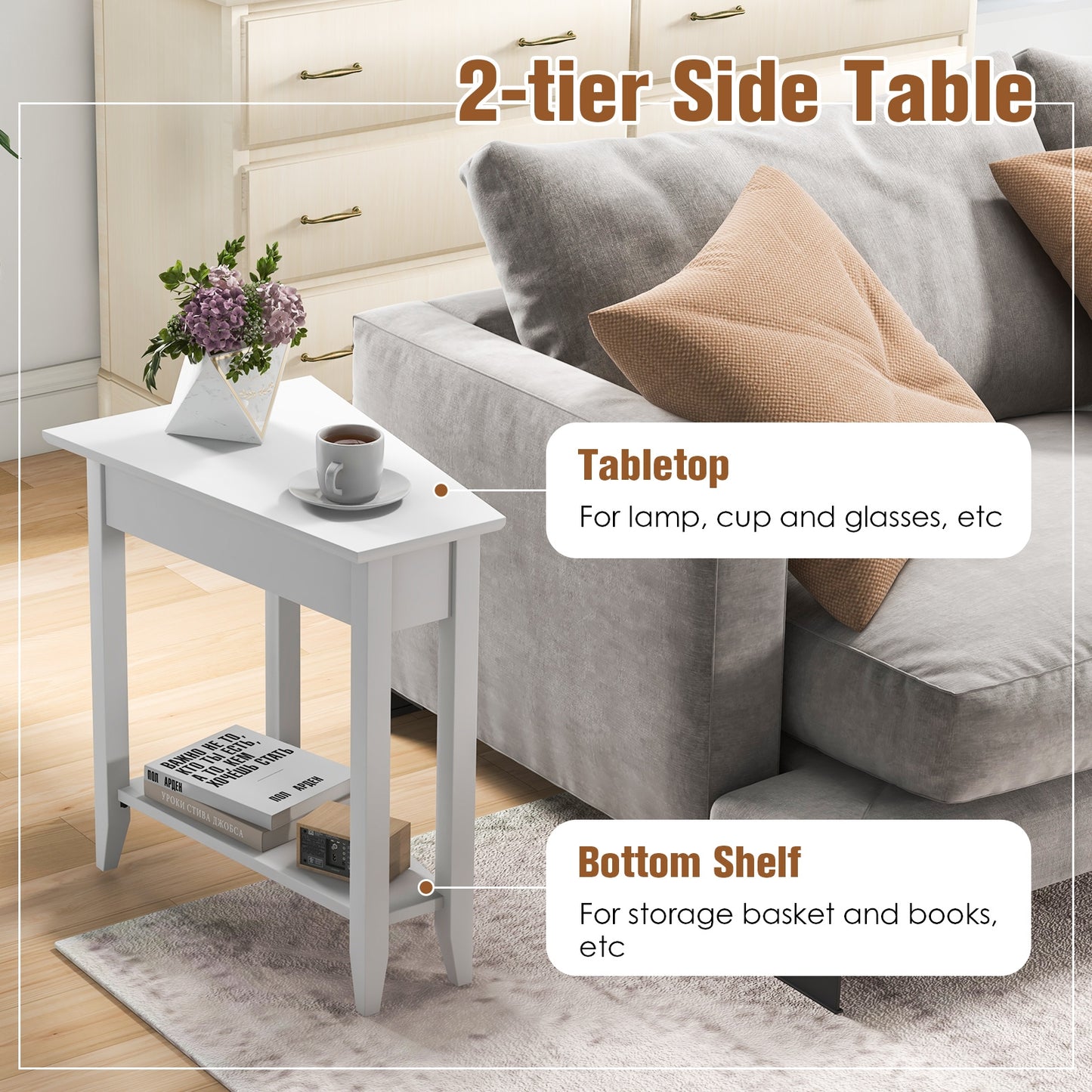 2-Tier Wedge Narrow End Table with Storage Shelf and Solid Wood Legs, White End & Side Tables at Gallery Canada