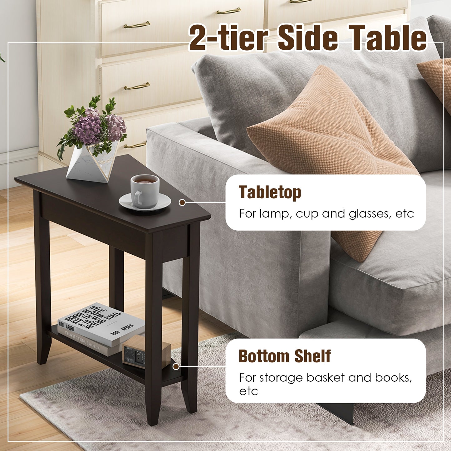 2-Tier Wedge Narrow End Table, Storage Shelf, Solid Wood Legs, Espresso End & Side Tables at Gallery Canada