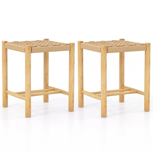 Dining Stool Set of 2 with Rubber Wood Frame, Natural