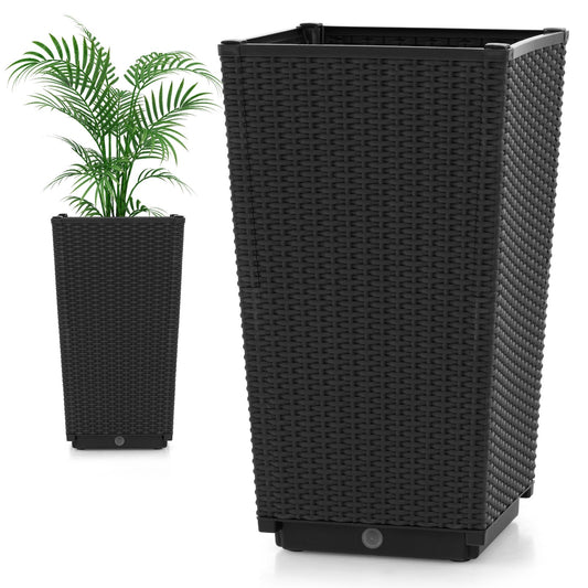 Outdoor Wicker Flower Pot Set of 2 with Drainage Hole for Porch Balcony, Black