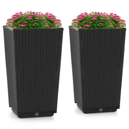 Outdoor Wicker Flower Pot Set of 2 with Drainage Hole for Porch Balcony, Black