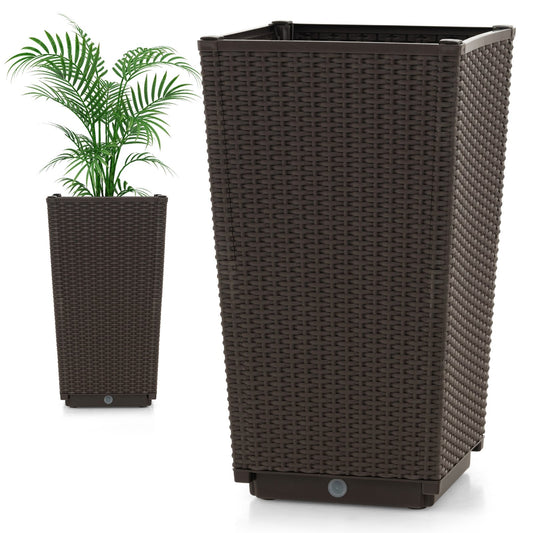 Outdoor Wicker Flower Pot Set of 2 with Drainage Hole for Porch Balcony, Brown