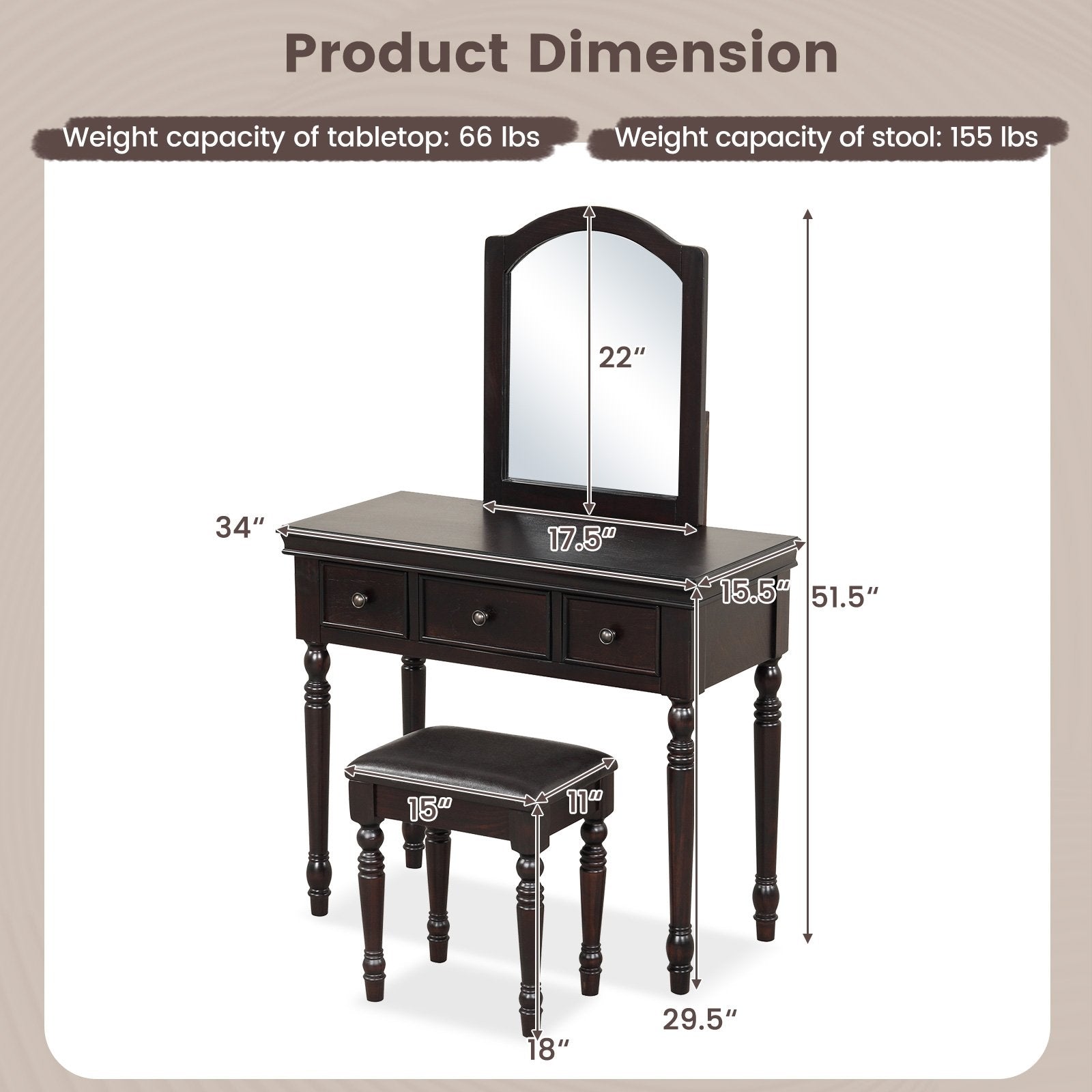 Makeup Vanity Table and Stool Set with Detachable Mirror and 3 Drawers Storage, Walnut at Gallery Canada