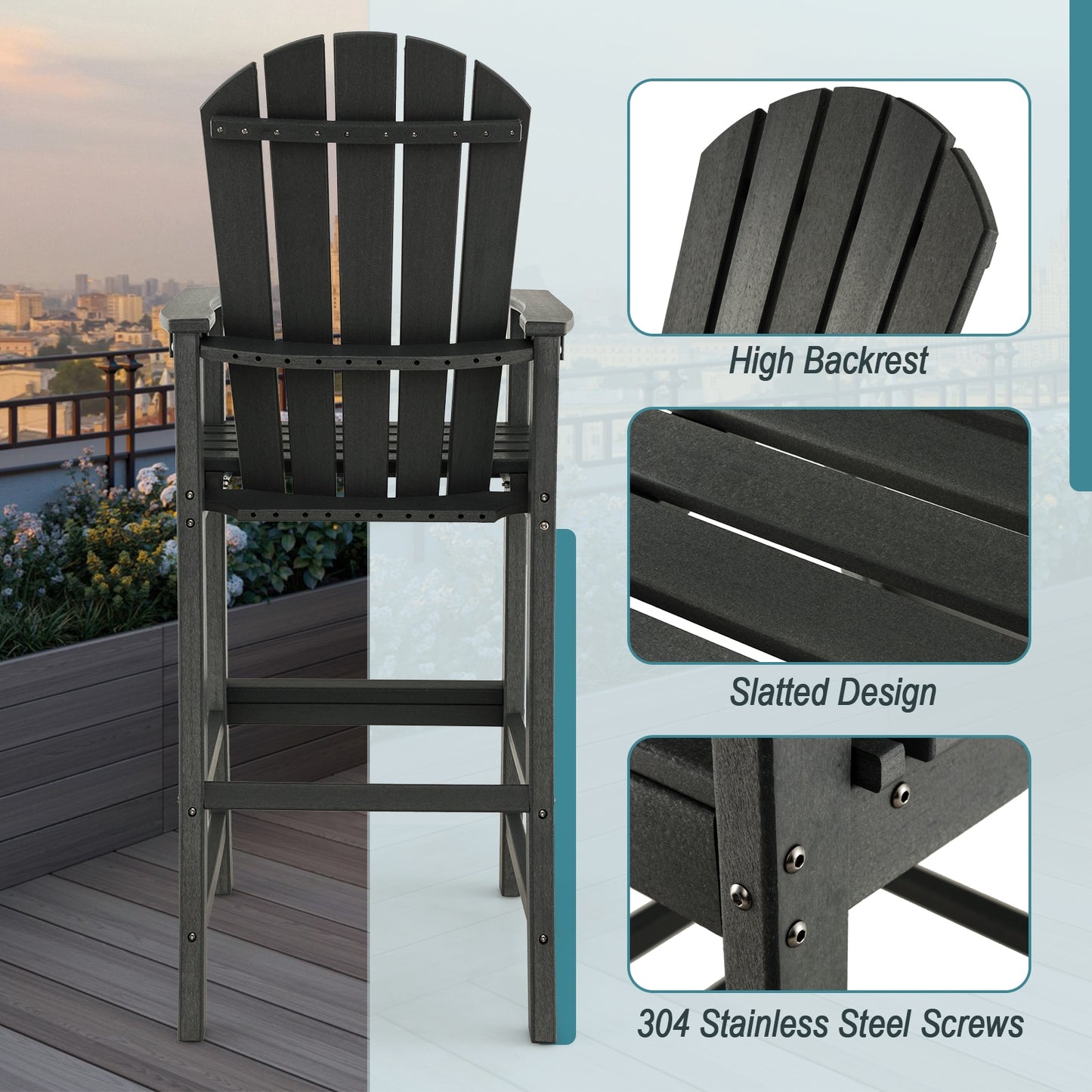30 Inches Counter Height Outdoor HDPE Bar Stool with Armrests and Footrest, Black Patio Bar Furniture at Gallery Canada
