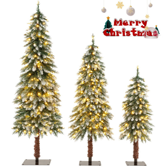 Pre-Lit Christmas Tree Set of 3 - Snowy and Slim, Green