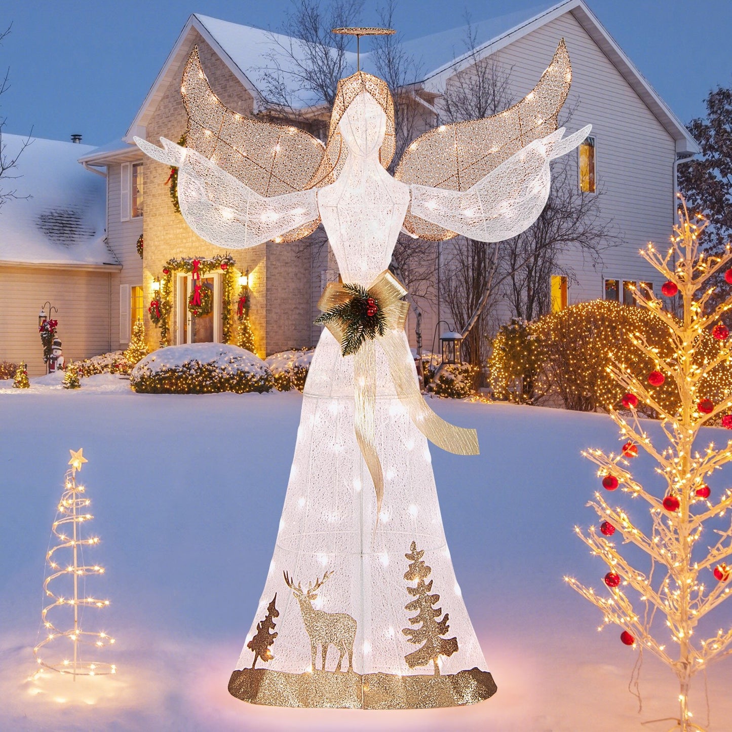5 Feet Pre-lit 3D Glittered Christmas Angel with 100 Warm White Lights, White