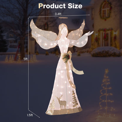 5 Feet Pre-lit 3D Glittered Christmas Angel with 100 Warm White Lights, White