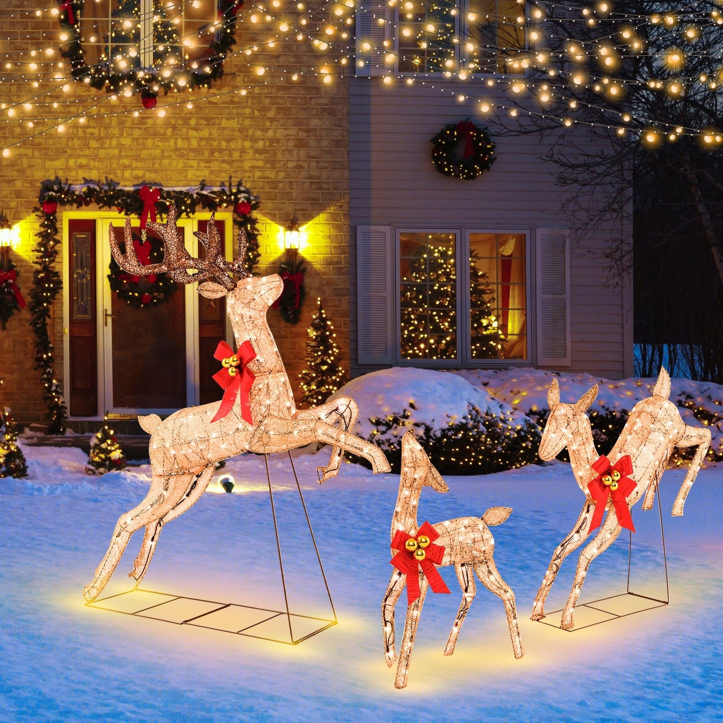 3 Pieces Lighted Christmas Reindeer Family Set with 255 Lights, Golden