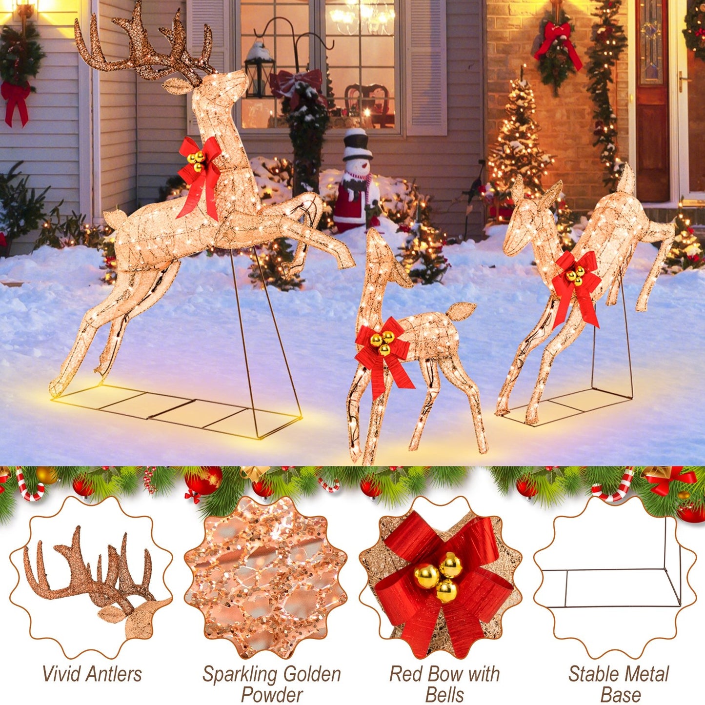3 Pieces Lighted Christmas Reindeer Family Set with 255 Lights, Golden