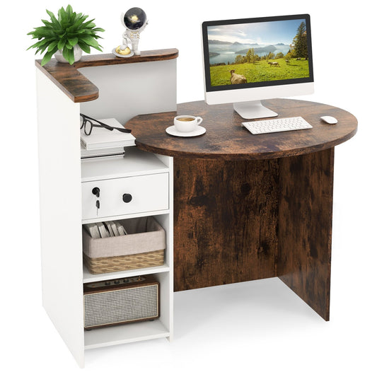 Front Reception Office Desk with Open Shelf and Lockable Drawer, Brown & White
