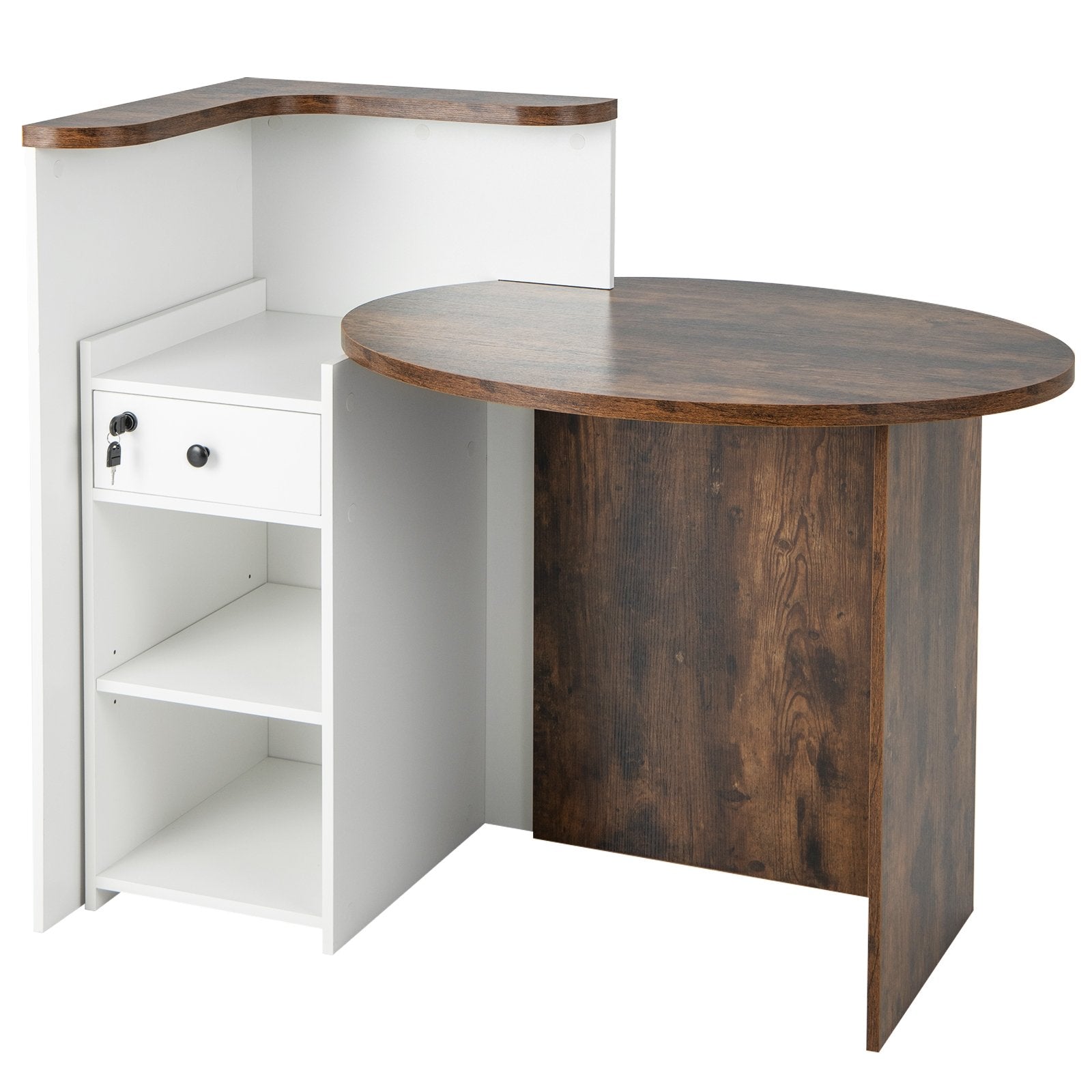 Front Reception Office Desk with Open Shelf and Lockable Drawer, Brown & White at Gallery Canada