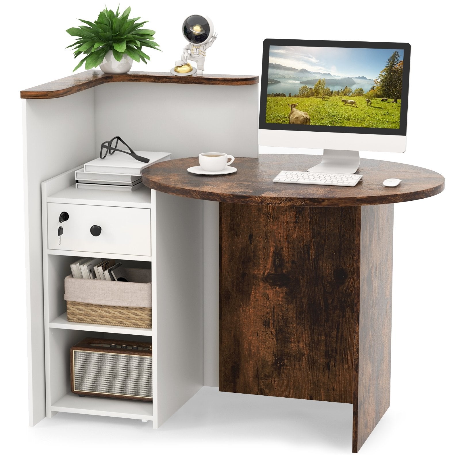 Front Reception Office Desk with Open Shelf and Lockable Drawer, Brown & White at Gallery Canada