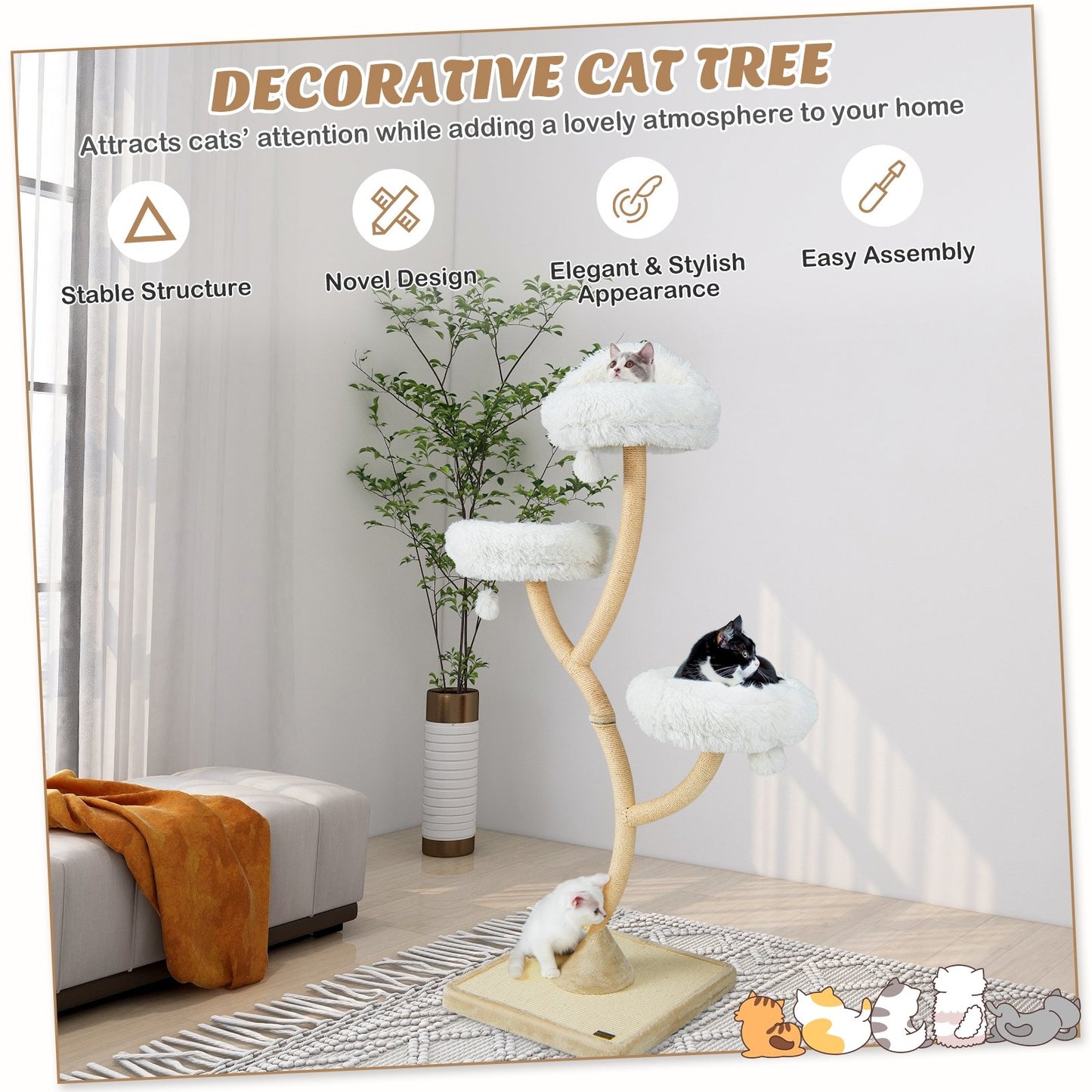 70" Tall Cat Tree 4-Layer Cat Tower with 3 Perches and Dangling Balls, Beige