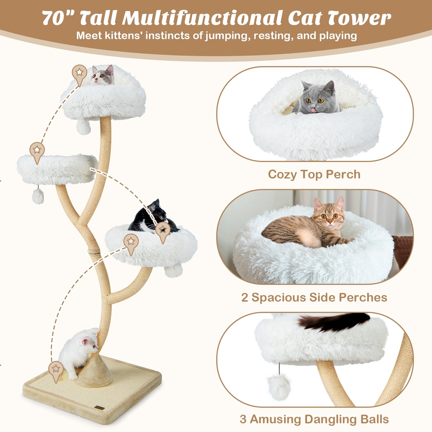 70 Inch Cat Tree, 4 Layer Tower, 3 Perches, Dangling Balls, Beige Cat Trees Condos & Scratchers at Gallery Canada