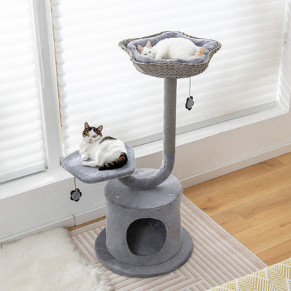 42" Tall Cat Tower with Curved Metal Supporting Frame for Large & Small Cats, Gray