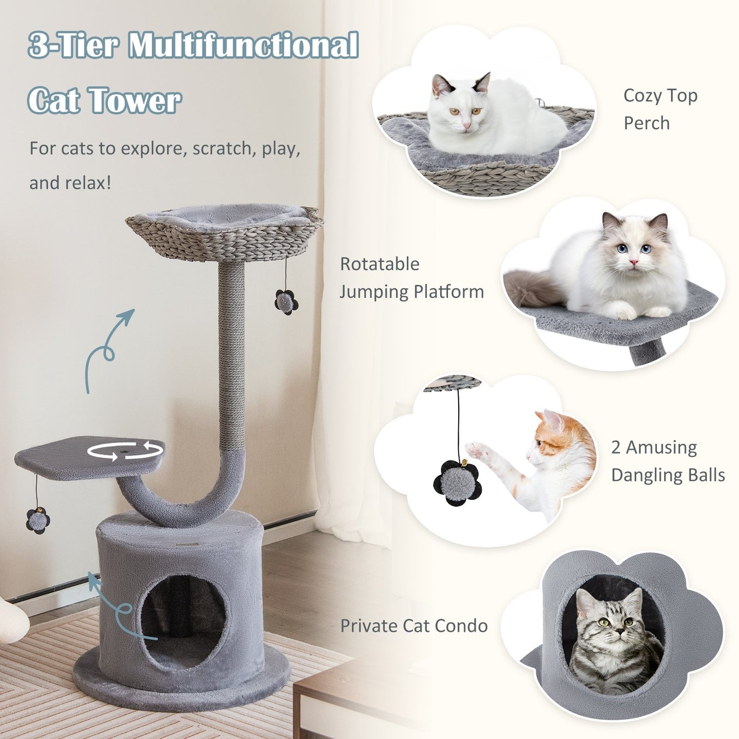 42" Tall Cat Tower with Curved Metal Supporting Frame for Large & Small Cats, Gray