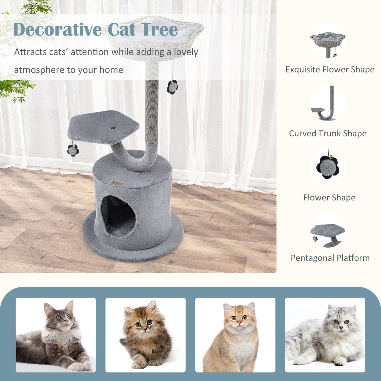 42 Inch Cat Tree, Curved Metal Frame, Sisal Scratching Board, Gray Cat Trees Condos & Scratchers at Gallery Canada