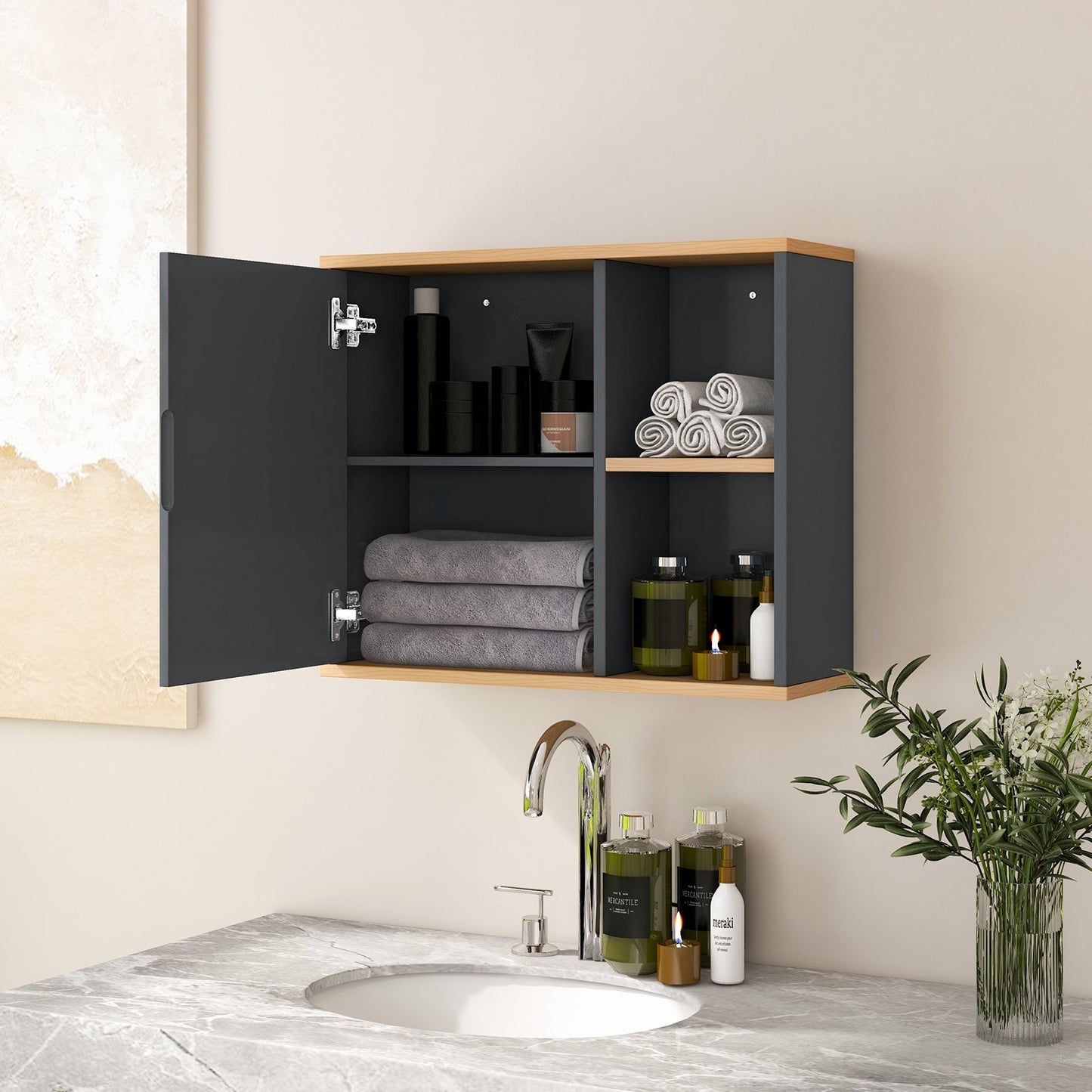 Bathroom Wall Mounted Cabinet with Single Mirror Door and Adjustable Shelf, Gray