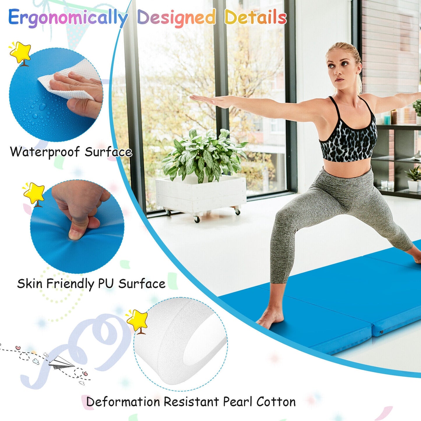 6 x 2 FT Tri-Fold Gym Mat with Handles and Removable Zippered Cover, Blue Yoga & Gym Mats at Gallery Canada