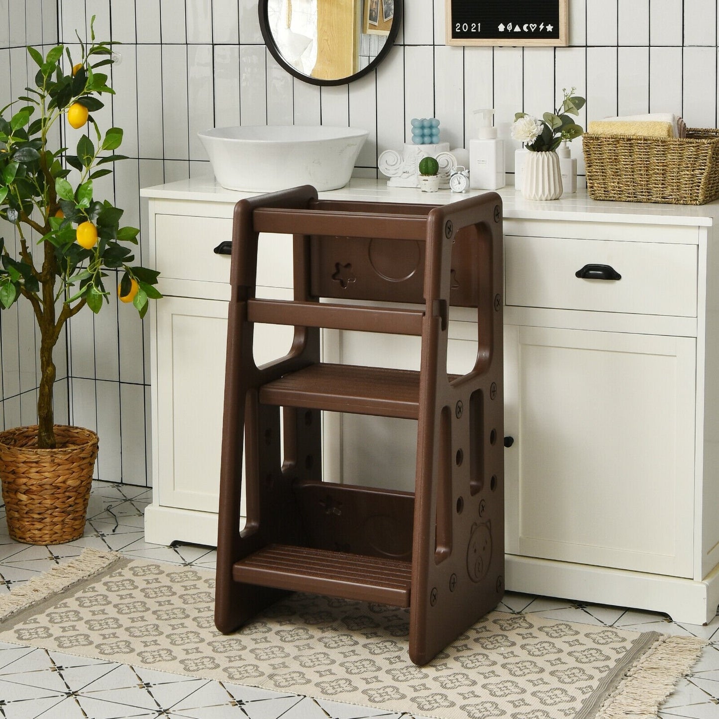 Kids Kitchen Step Stool with Double Safety Rails , Brown at Gallery Canada