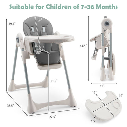 Baby Folding High Chair Dining Chair with Adjustable Height and Footrest, Gray