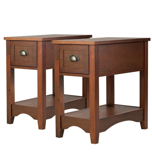 Set of 2 Contemporary Side End Table with Drawer, Walnut