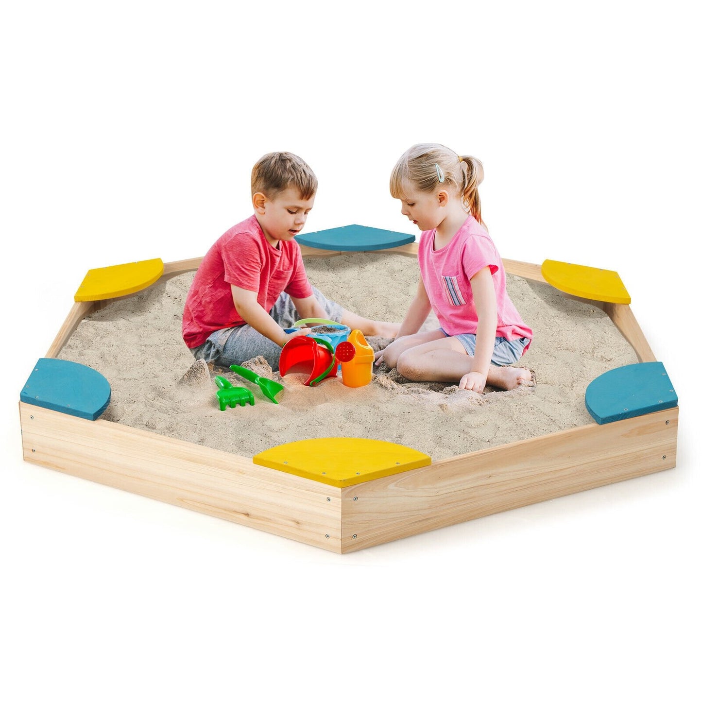 Outdoor Solid Wood Sandbox with 6 Built-in Fan-shaped Seats, Multicolor