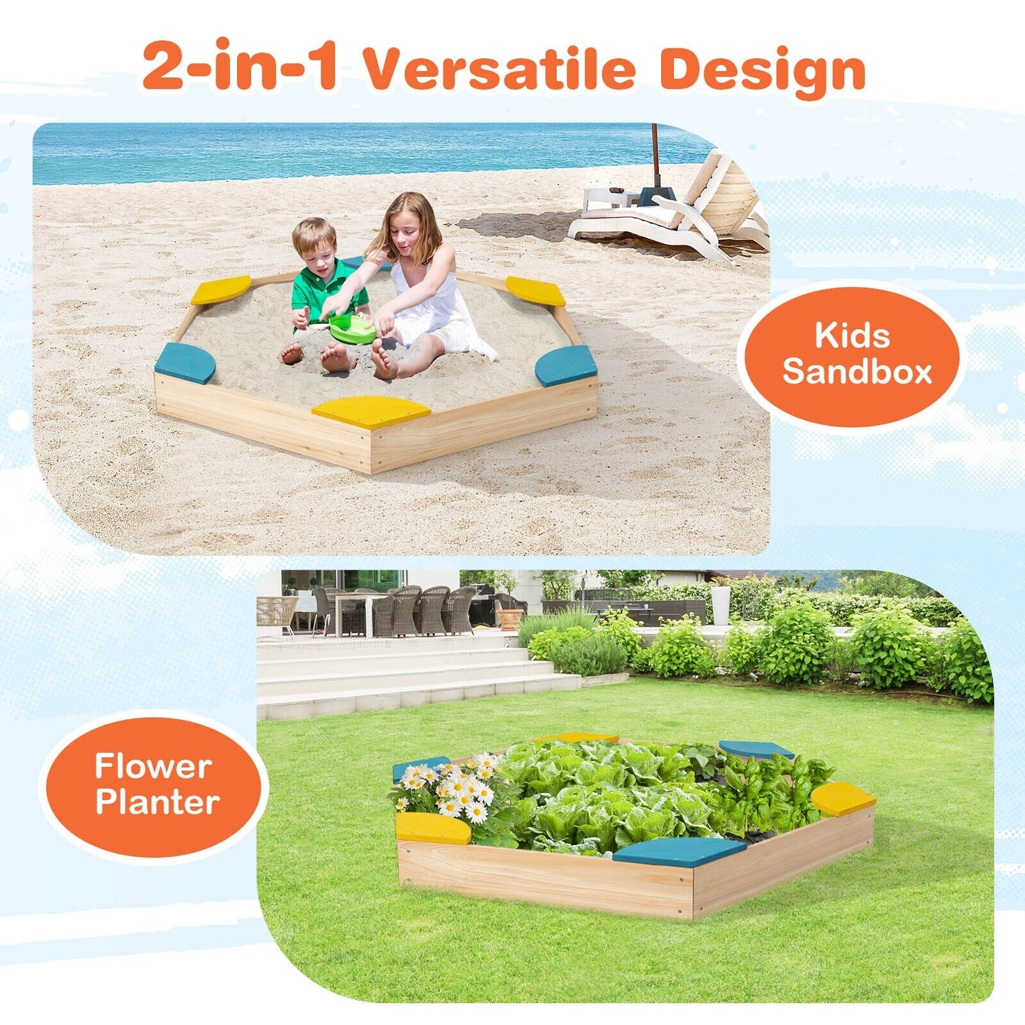 Outdoor Solid Wood Sandbox with 6 Built-in Fan-shaped Seats, Multicolor