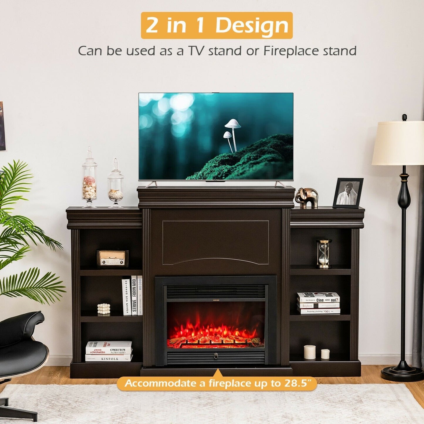 70 Inch Modern Fireplace Media Entertainment Center with Bookcase, Brown