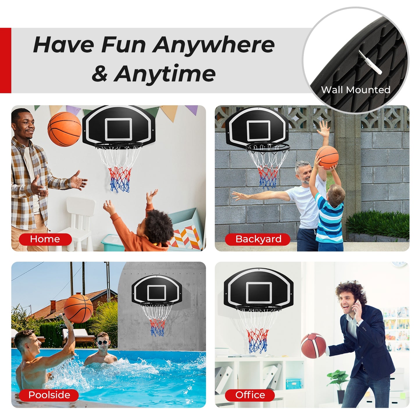 Wall Mounted Basketball Set for Kids Teens Adults, Black Sport Equipments at Gallery Canada