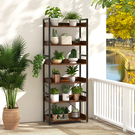 6-Tier Tall Industrial Bookcase, Open Shelves, 4 Hooks, Brown Bookcases Brown at Gallery Canada