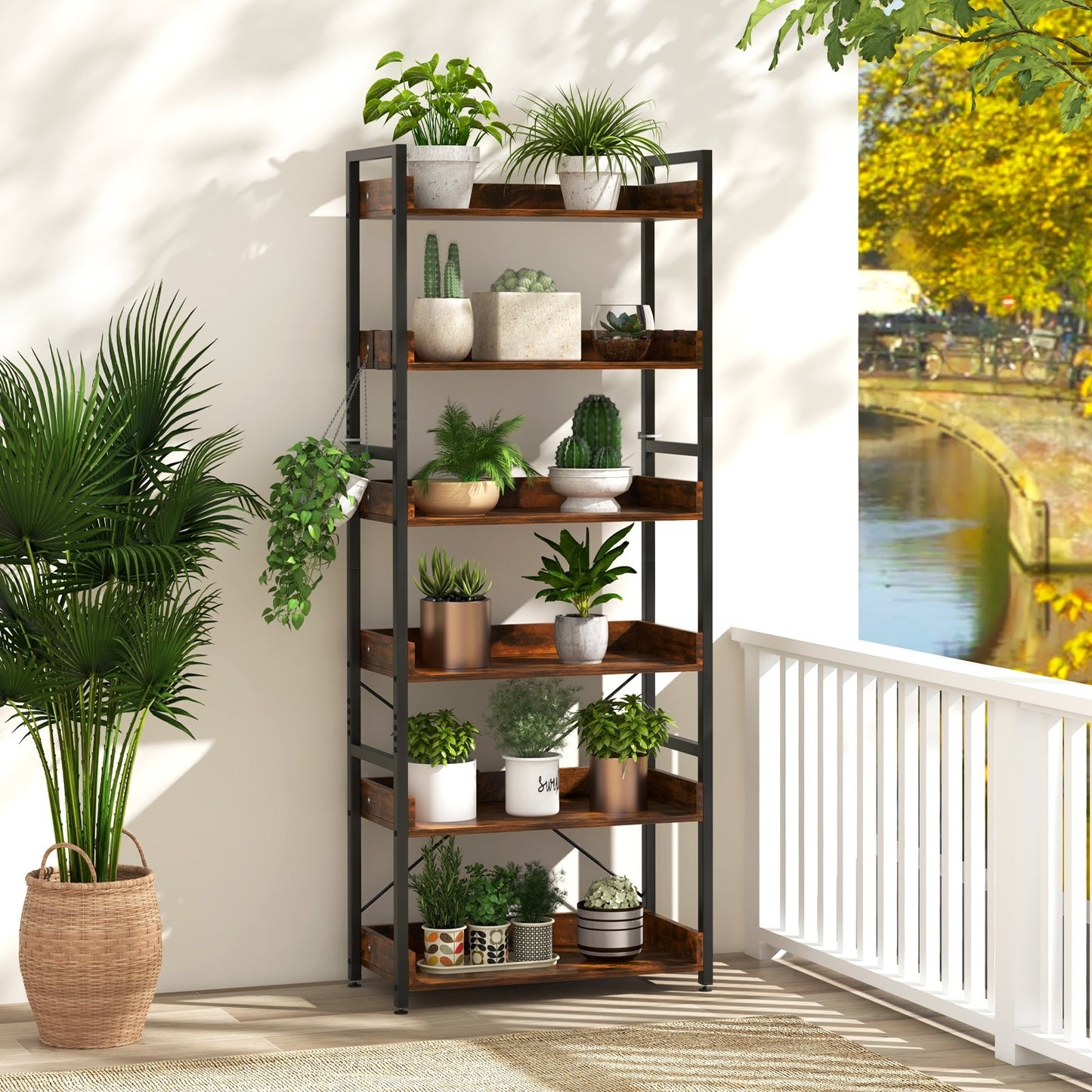 6-Tier Tall Industrial Bookcase with Open Shelves and 4 Hooks, Brown