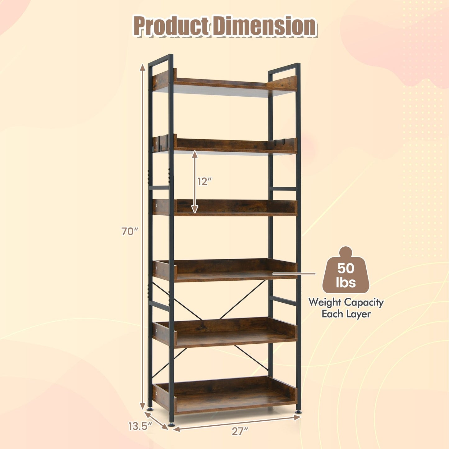 6-Tier Tall Industrial Bookcase with Open Shelves and 4 Hooks, Brown